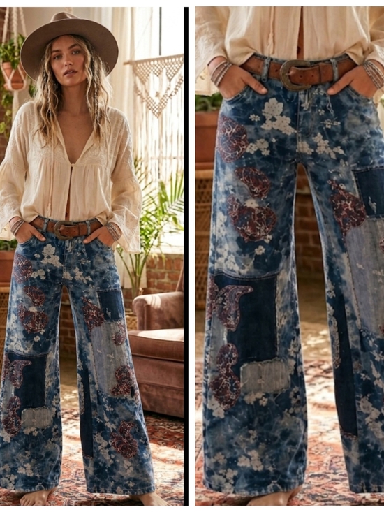 Oli & Hali Denim - Oli & Hali Blue Floral Patchwork Paisley Vintage Wash Wide Leg Jeans